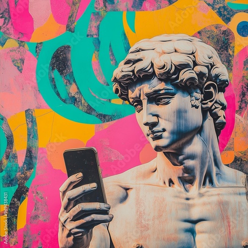 Modern reinterpretation of a classical statue holding a smartphone against a vibrant abstract background photo