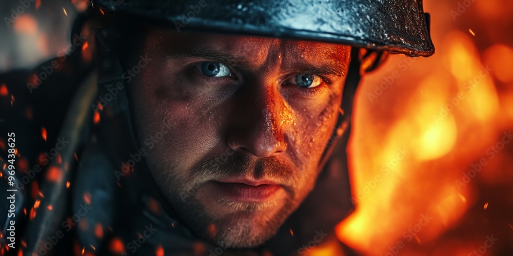 A brave firefighter stares fiercely into the camera. His face is weathered and determined. The image captures the intensity of his job. Fire and smoke create a dramatic backdrop. AI A brave firefighter stares fiercely into the camera. His face is weathered and determined. The image captures the intensity of his job. Fire and smoke create a dramatic backdrop. AI