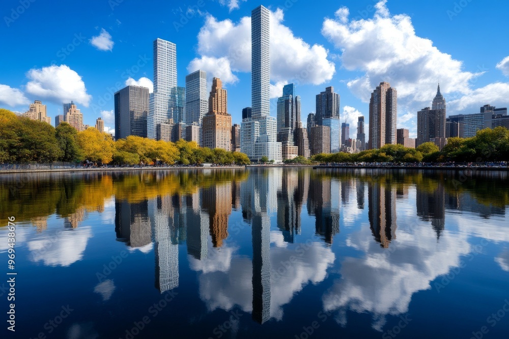 Obraz premium Manhattan skyline reflected in the waters of the East River, creating a mirror-like image of the towering skyscrapers