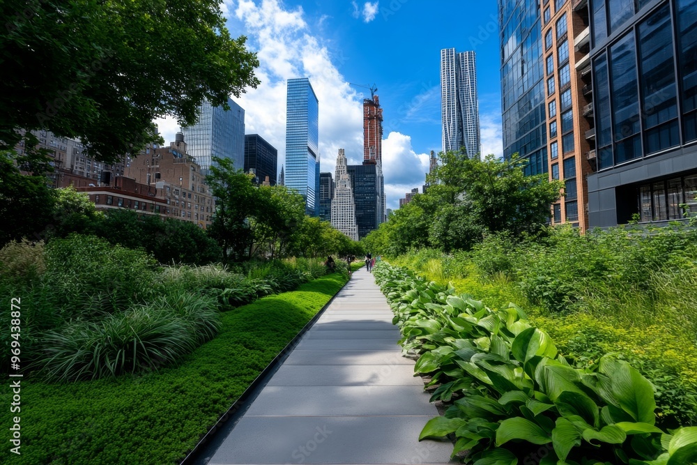 Fototapeta premium Manhattan skyline seen from the High Line, with modern architecture and lush green walkways stretching through the city