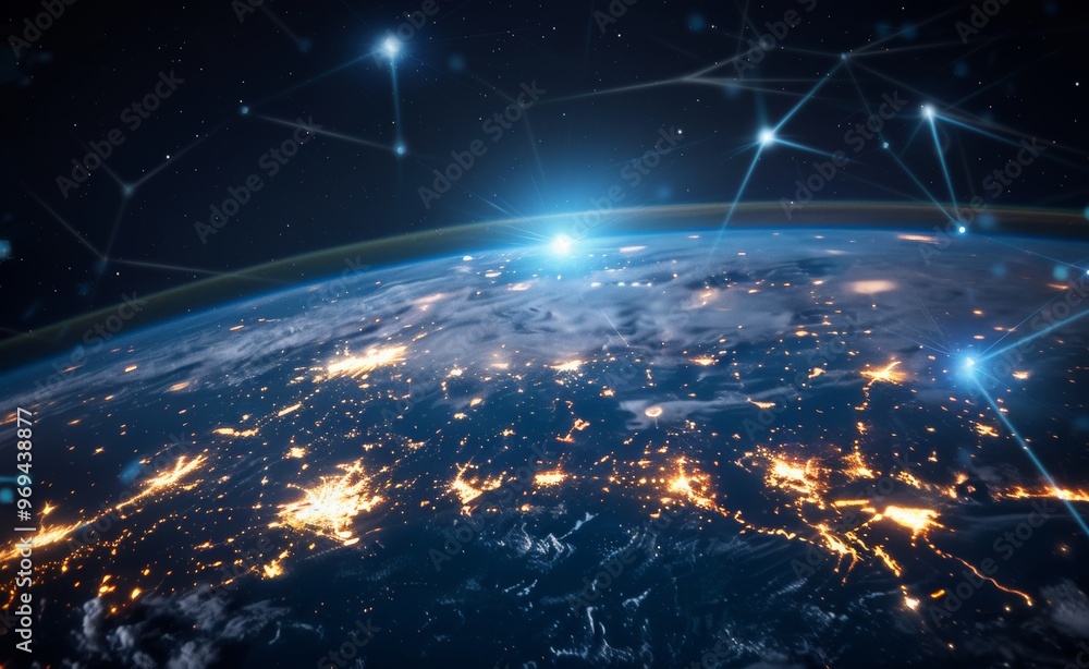A digital illustration of the Earth with glowing connections connecting various parts, symbolizing global connectivity and data transfer across borders in cyberspace. The background is dark blue to em A digital illustration of the Earth with glowing connections connecting various parts, symbolizing global connectivity and data transfer across borders in cyberspace. The background is dark blue to em