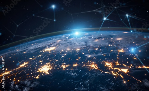 A digital illustration of the Earth with glowing connections connecting various parts, symbolizing global connectivity and data transfer across borders in cyberspace. The background is dark blue to em