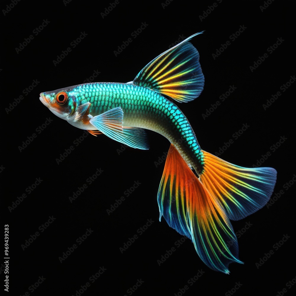 A vibrant guppy fish showcasing colorful fins and scales against a black background. A vibrant guppy fish showcasing colorful fins and scales against a black background.