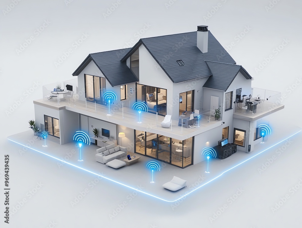 A 3D model of a modern house with WiFi signals surrounding it. A 3D model of a modern house with WiFi signals surrounding it.