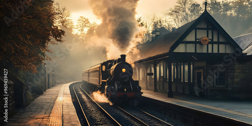 Rustic train station with steam locomotive arrival photo