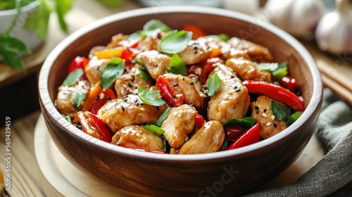 Stir fry pepper chicken with sweet peppers onion garlic and ginger