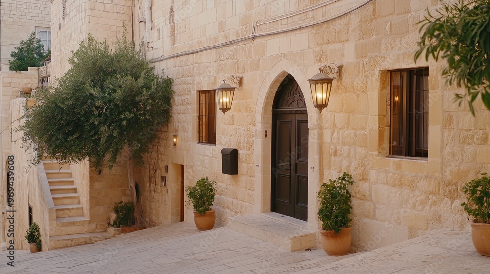Fototapeta premium The warm glow of lanterns illuminates a charming old house doorway in Jerusalem at night, surrounded by stone walls and a cozy atmosphere