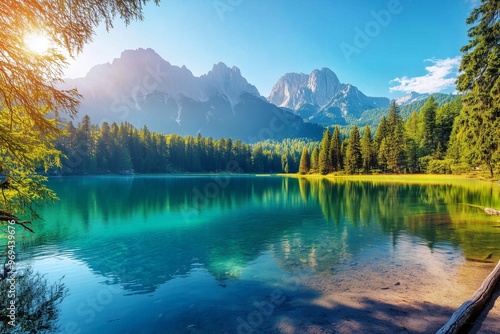 Colorful summer view of Fusine lake. Bright morning scene of Julian Alps with Mangart peak on background, Province of Udine, Italy, Europe. Traveling concept background 