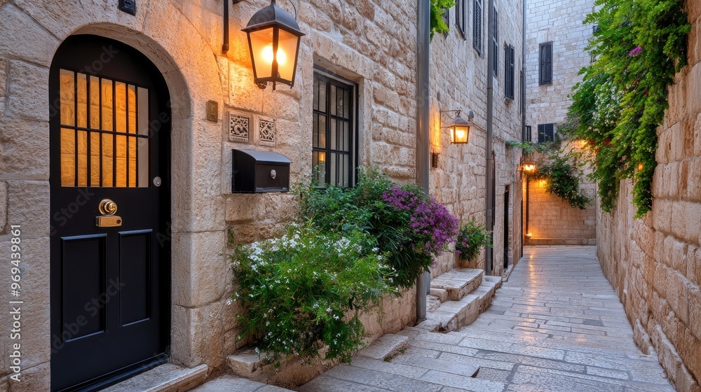 Fototapeta premium The warm glow of lanterns illuminates a charming old house doorway in Jerusalem at night, surrounded by stone walls and a cozy atmosphere