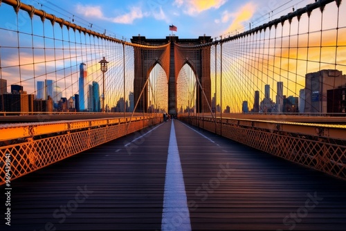 New York iconic landmark Brooklyn Bridge at sunset, with the warm light casting a golden hue over the structure