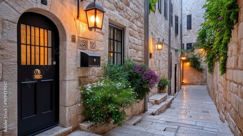 The warm glow of lanterns illuminates a charming old house doorway in Jerusalem at night, surrounded by stone walls and a cozy atmosphere