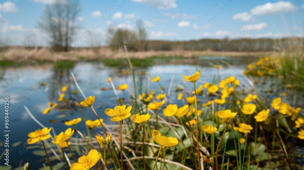 Fototapeta premium Yellow Flowers Blooming by a Serene River