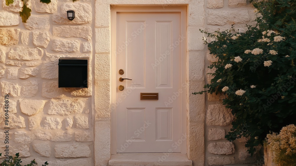 Fototapeta premium The warm glow of lanterns illuminates a charming old house doorway in Jerusalem at night, surrounded by stone walls and a cozy atmosphere