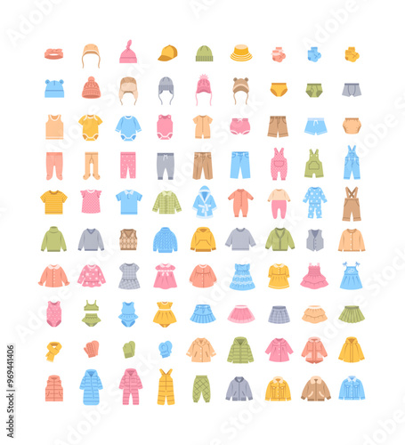 Baby clothes colorful icons. Simple flat pictograms for kids clothing shop. Children wardrobe garments. Cute outfit for toddler, little boy or girl. Shirt, pants, jacket, dress, coat, hat, skirt