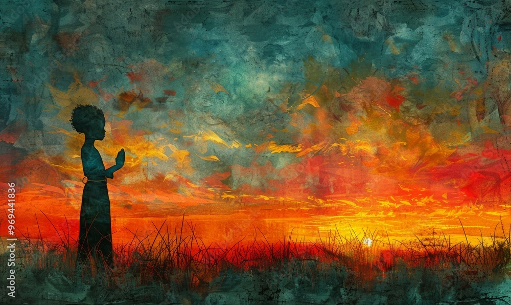 A young silhouette stands in a field at sunset, embracing the beauty of nature as vibrant colors fill the sky, creating a stunning backdrop of orange, red, and blue tones A young silhouette stands in a field at sunset, embracing the beauty of nature as vibrant colors fill the sky, creating a stunning backdrop of orange, red, and blue tones