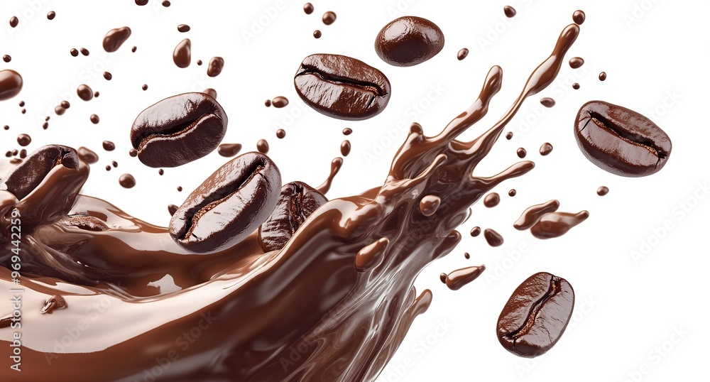 Dynamic splash of chocolate with coffee beans, showcasing a rich blend of flavors and textures in a visually striking manner. Dynamic splash of chocolate with coffee beans, showcasing a rich blend of flavors and textures in a visually striking manner.