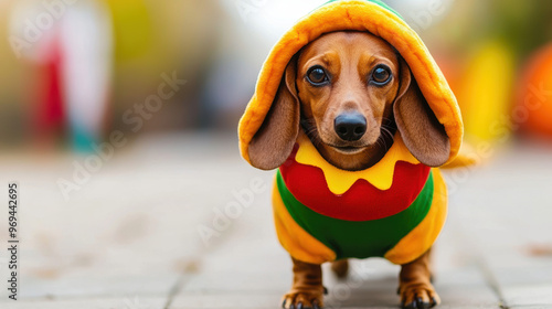 Dachshund in a hot dog costume walking through a Halloween carnival, hot dog dachshund, funny Halloween pet costume photo