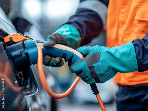 A close up of an electrical engineer connecting power cable to an electric vehicle, showcasing intricate details of charging process. engineer wears protective gloves and safety vest, emphasizing impo photo