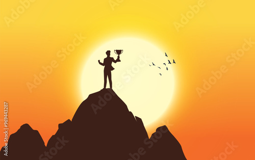 Business man on mountain success plan concept. Business Development, growth and achievement,