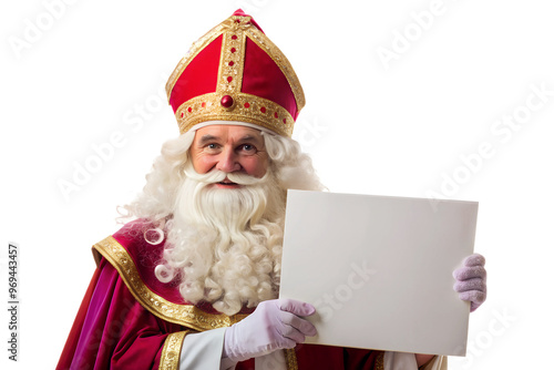 Sinterklaas holding blank banner mockup . Copy space. Greeting card mockup. PNG
