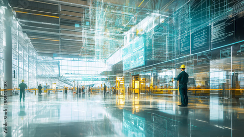 A large scale electrical installation in an airport showcases advanced engineering and technology. scene captures professionals working amidst futuristic environment filled with digital interfaces and