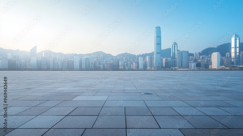 Empty square floor and city skyline with building background Empty square floor and city skyline with building background