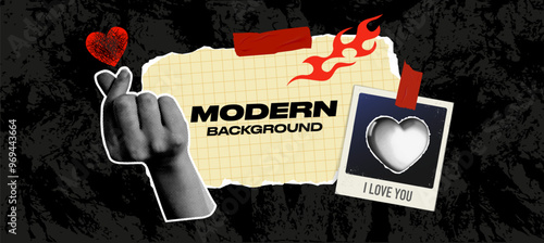 The Valentine's Day template is adorned with decorative tape. It features torn notebook papers with collage elements, halftone hands, a photo frame, Scotch tape, doodle elements, and a cut-up heart.
