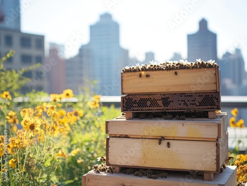 Urban Oasis: Beehives in a Rooftop Garden Fostering Biodiversity and Ecosystem Support