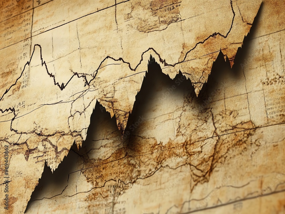 Naklejka premium A black line graph on an aged paper background with a textured surface depicting an upward trend.