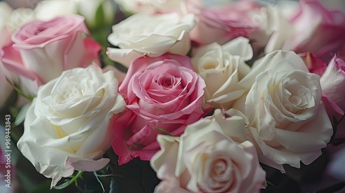 A beautifully arranged bouquet of white and pink roses.