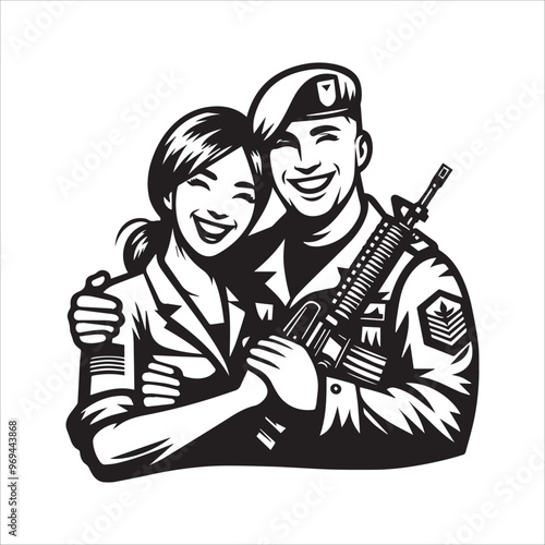 Happy military man and his wife vector illustration silhouette