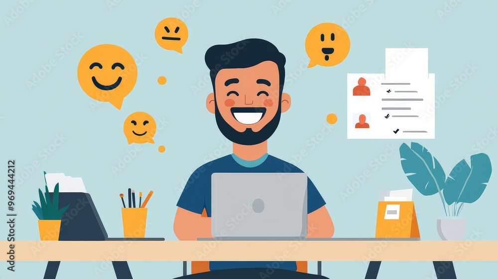 A happy employee getting feedback from his peers and managers A happy employee getting feedback from his peers and managers