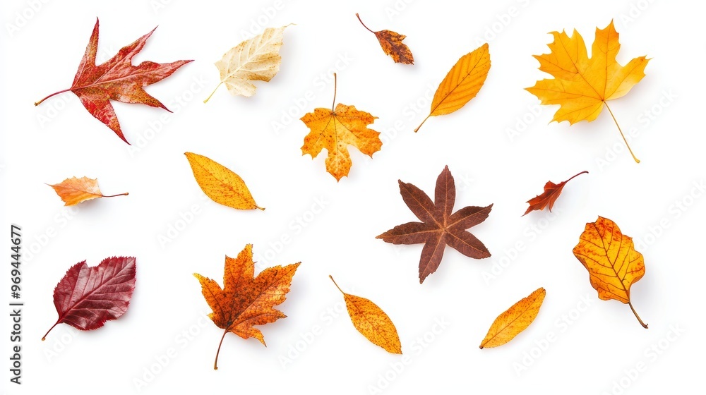 Different autumn leaves falling on white background Different autumn leaves falling on white background
