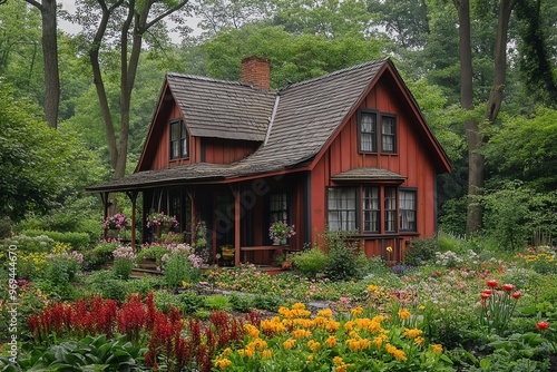 A charming red cottage with a wraparound porch nestled amidst a vibrant flower garden.