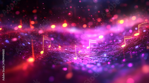 A vibrant abstract representation of music with notes and colorful particles. photo