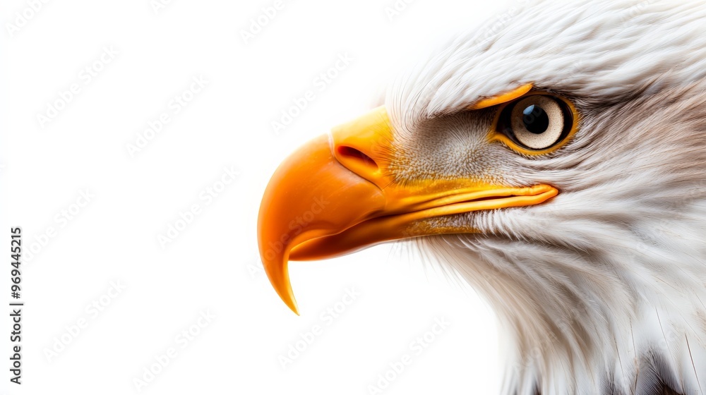 Fototapeta premium Close-up of a majestic eagle's head with sharp eyes and vibrant beak isolated on a white background, showcasing nature's beauty and power.