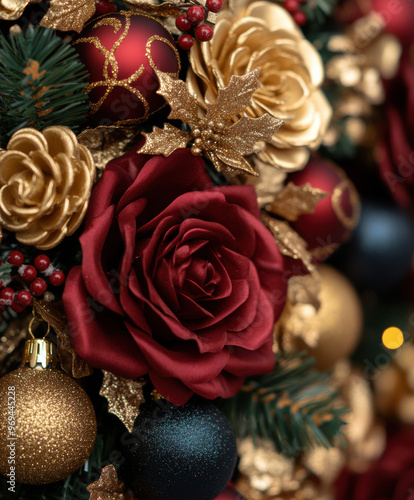 Christmas Floral Arrangement with Red Roses and Gold Decorations