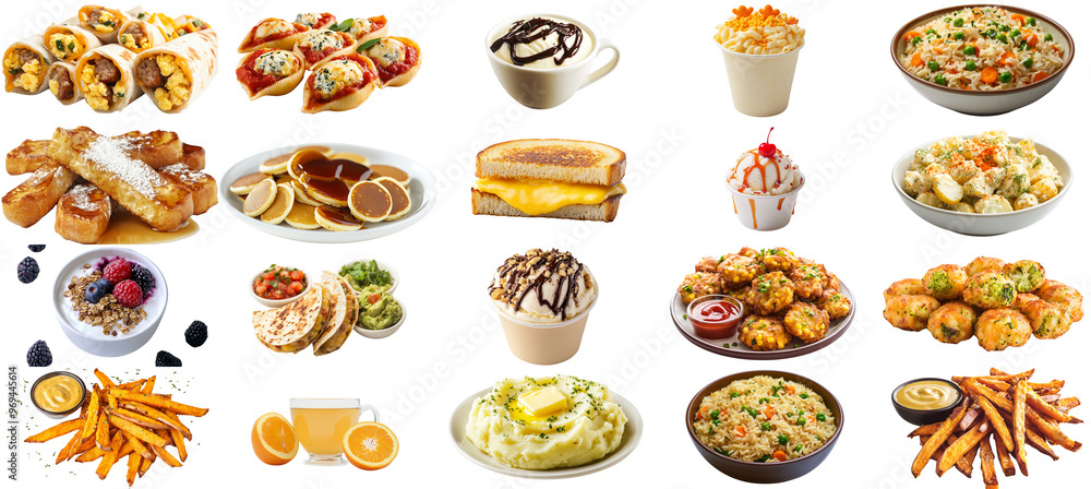 A collection of food items including sandwiches, fries, and desserts. Scene is casual and inviting, as it showcases a variety of delicious options for a meal A collection of food items including sandwiches, fries, and desserts. Scene is casual and inviting, as it showcases a variety of delicious options for a meal