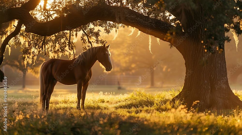 Lovely horse photo beneath a tree of oak