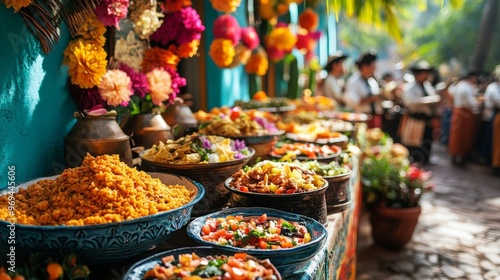 Fiesta party with colorful papel picado, mariachi band, and a spread of Mexican cuisine