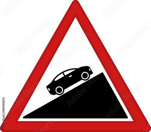 Red Steep Ascent Sign. Warning Road Sign. Car Going Up. Vector Icon