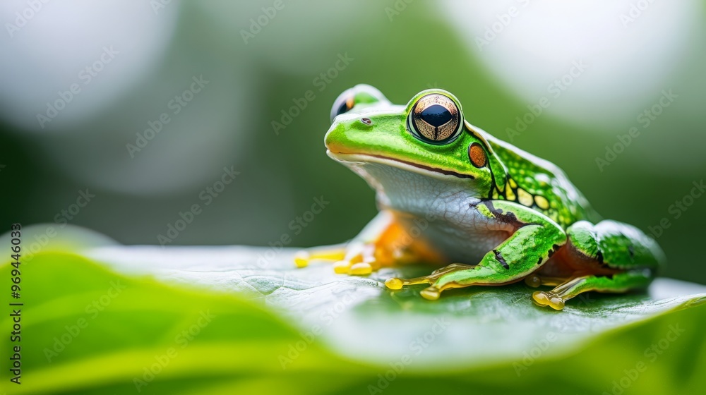 Close-up of a vibrant green tree frog perched on a leaf with a blurred background, showcasing its bright colors and unique patterns. Close-up of a vibrant green tree frog perched on a leaf with a blurred background, showcasing its bright colors and unique patterns.