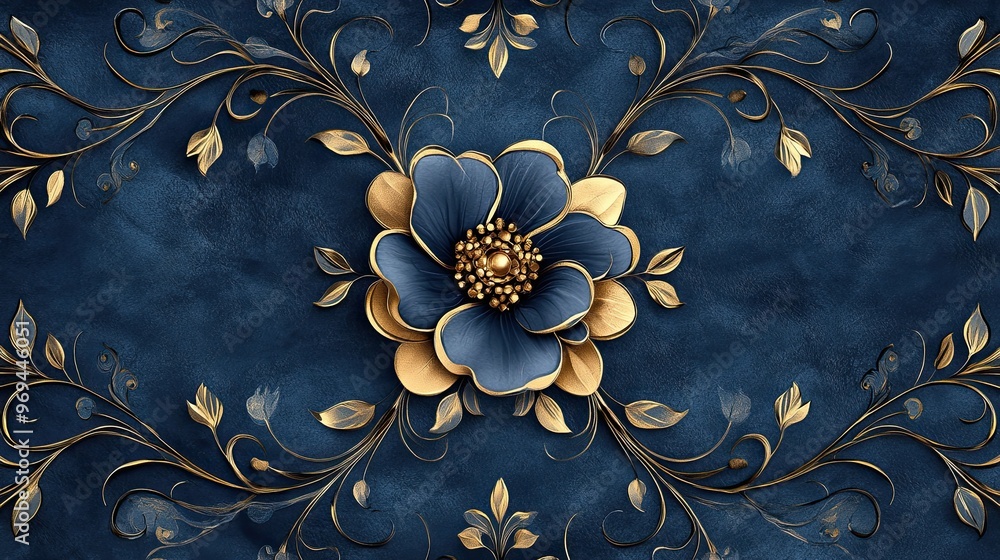 Floral arabesque pattern with gold accents on a deep blue background Floral arabesque pattern with gold accents on a deep blue background