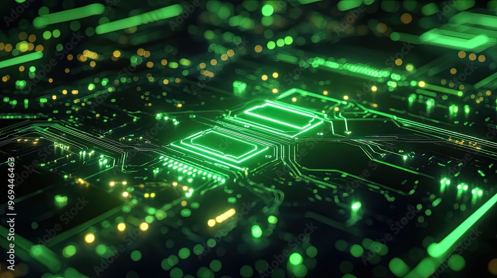 Futuristic circuit board pattern with glowing lines in neon green Futuristic circuit board pattern with glowing lines in neon green