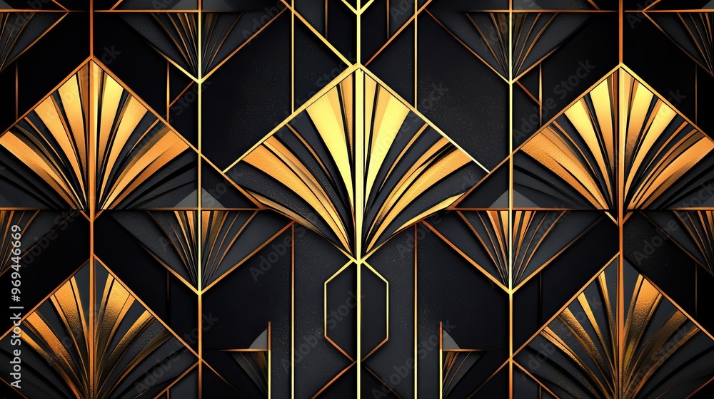 Geometric art deco pattern in black and gold with sharp lines Geometric art deco pattern in black and gold with sharp lines