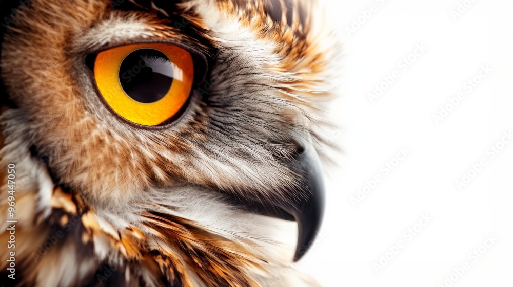 Close-up photo of a stunning owl with piercing orange eyes and intricate feather patterns against a white background, showcasing its beauty and detail. Close-up photo of a stunning owl with piercing orange eyes and intricate feather patterns against a white background, showcasing its beauty and detail.