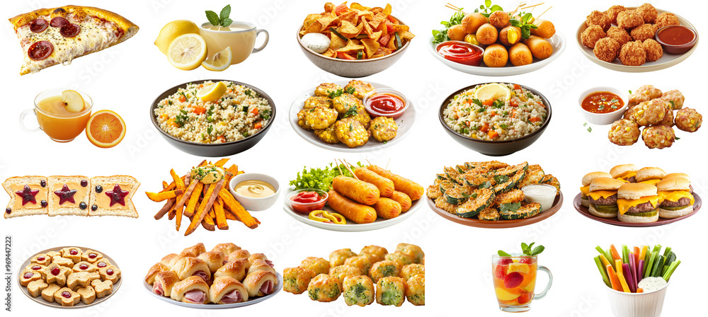 A collection of food items including pizza, sandwiches, and drinks. Scene is casual and inviting, as it showcases a variety of options for a meal or snack A collection of food items including pizza, sandwiches, and drinks. Scene is casual and inviting, as it showcases a variety of options for a meal or snack