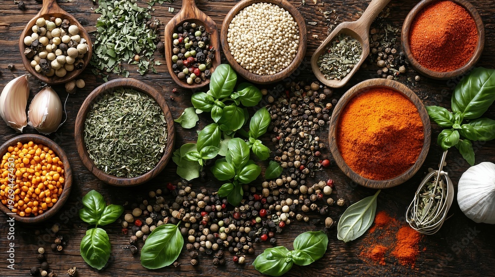 Top View of Assorted Spices, Fresh Herbs, and Cooking Utensils Arranged on a Rustic Wooden Background, Featuring Natural Ingredients Like Garlic, Chili, and Basil for Culinary and Recipe Preparation C Top View of Assorted Spices, Fresh Herbs, and Cooking Utensils Arranged on a Rustic Wooden Background, Featuring Natural Ingredients Like Garlic, Chili, and Basil for Culinary and Recipe Preparation C