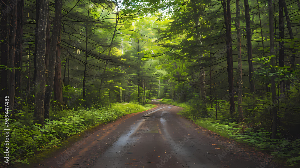 Fototapeta premium Empty Forest Road with Lush Greenery for Commercial Background
