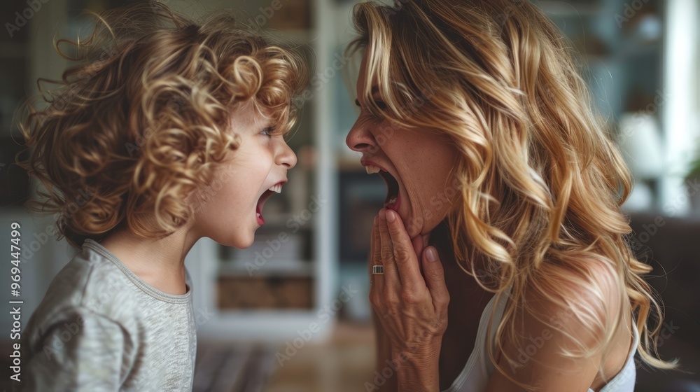 A young boy and a woman stand facing each other, both shouting with their mouths open wide, expressing raw emotions in this dramatic image A young boy and a woman stand facing each other, both shouting with their mouths open wide, expressing raw emotions in this dramatic image